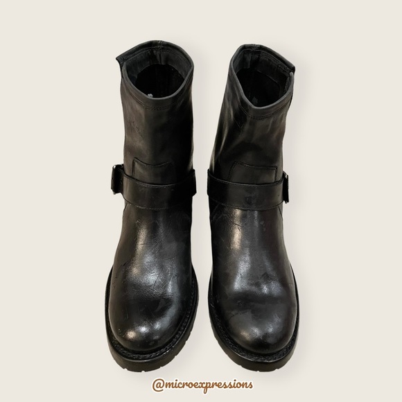 $388 Frye Natalie Engineer Black Leather  Short Moto Belted Casual Lug AnkleBoot - Picture 10 of 16